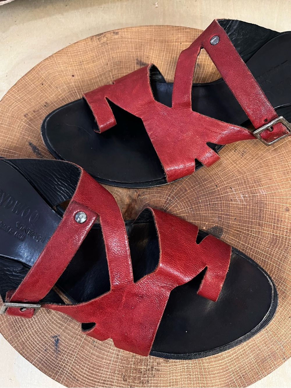 Red Leather Cutout Strap Sandals for Women